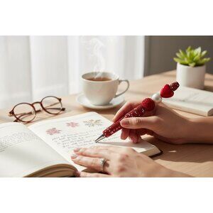 Red Heart Beaded Glitter Pen With Rhinestones & Pearl Accents